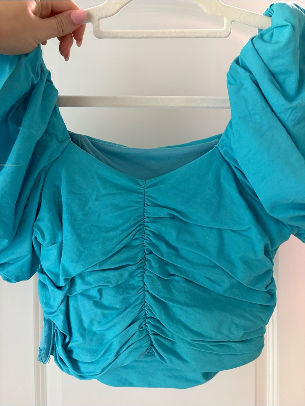 Turquoise Puff-Sleeve Ruched Women’s Top - Picture 2 of 2